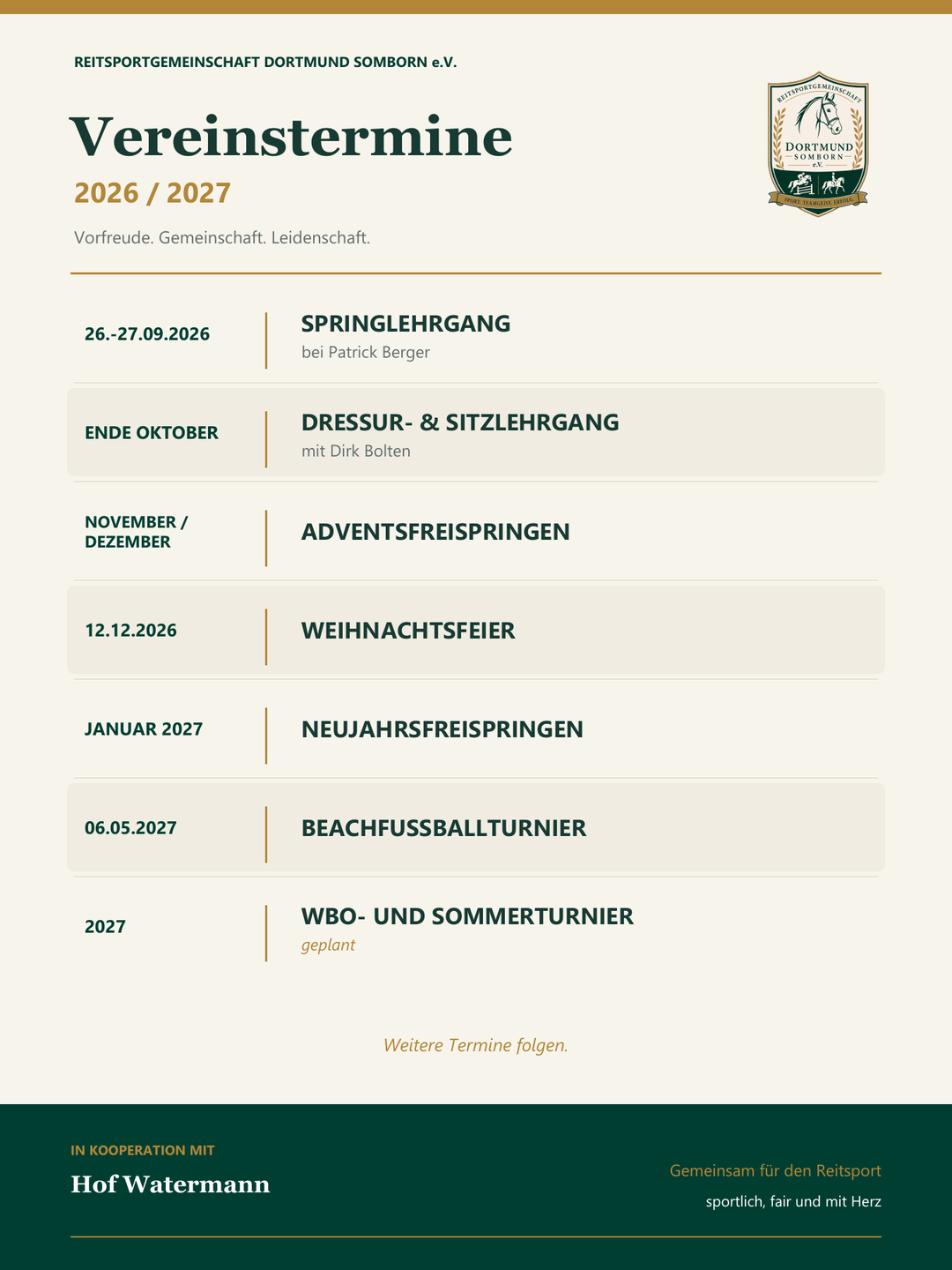 Flyer mit den Vereinsterminen der RSG Dortmund Somborn für 2026 und 2027